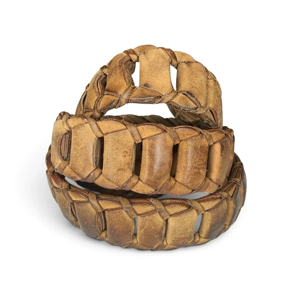 Vintage Braided Link Leather Solid Brass Buckle Belt Brown Patina MEN'S 32